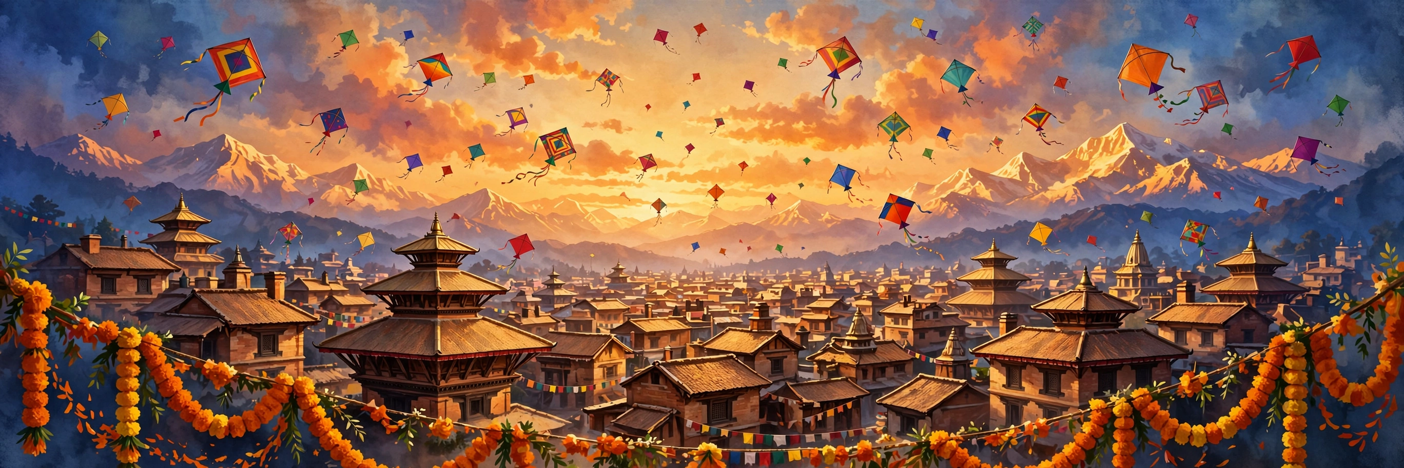 Kites over Kathmandu at sunset during Dashain