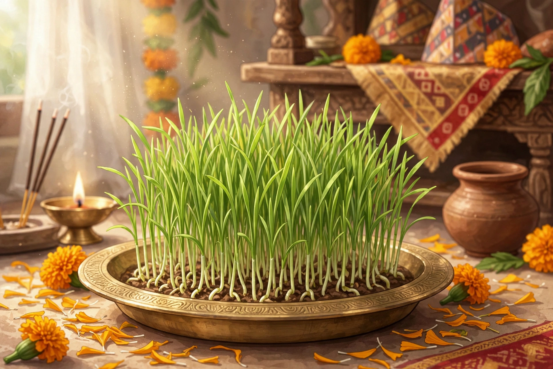 Jamara — sprouted barley shoots in a brass plate