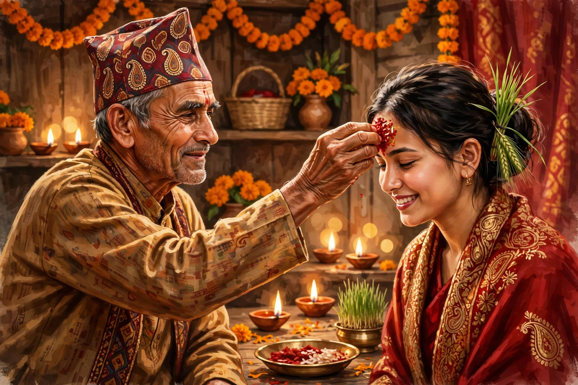 An elder placing Dashain tika on a young person's forehead